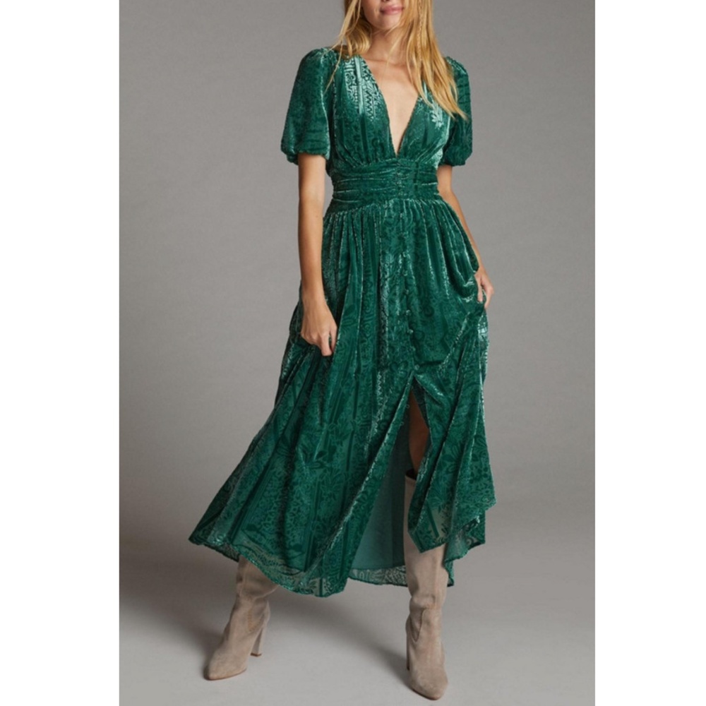 Anthropologie Catalina Burnout Velvet Maxi Dress Holly Green Size 2